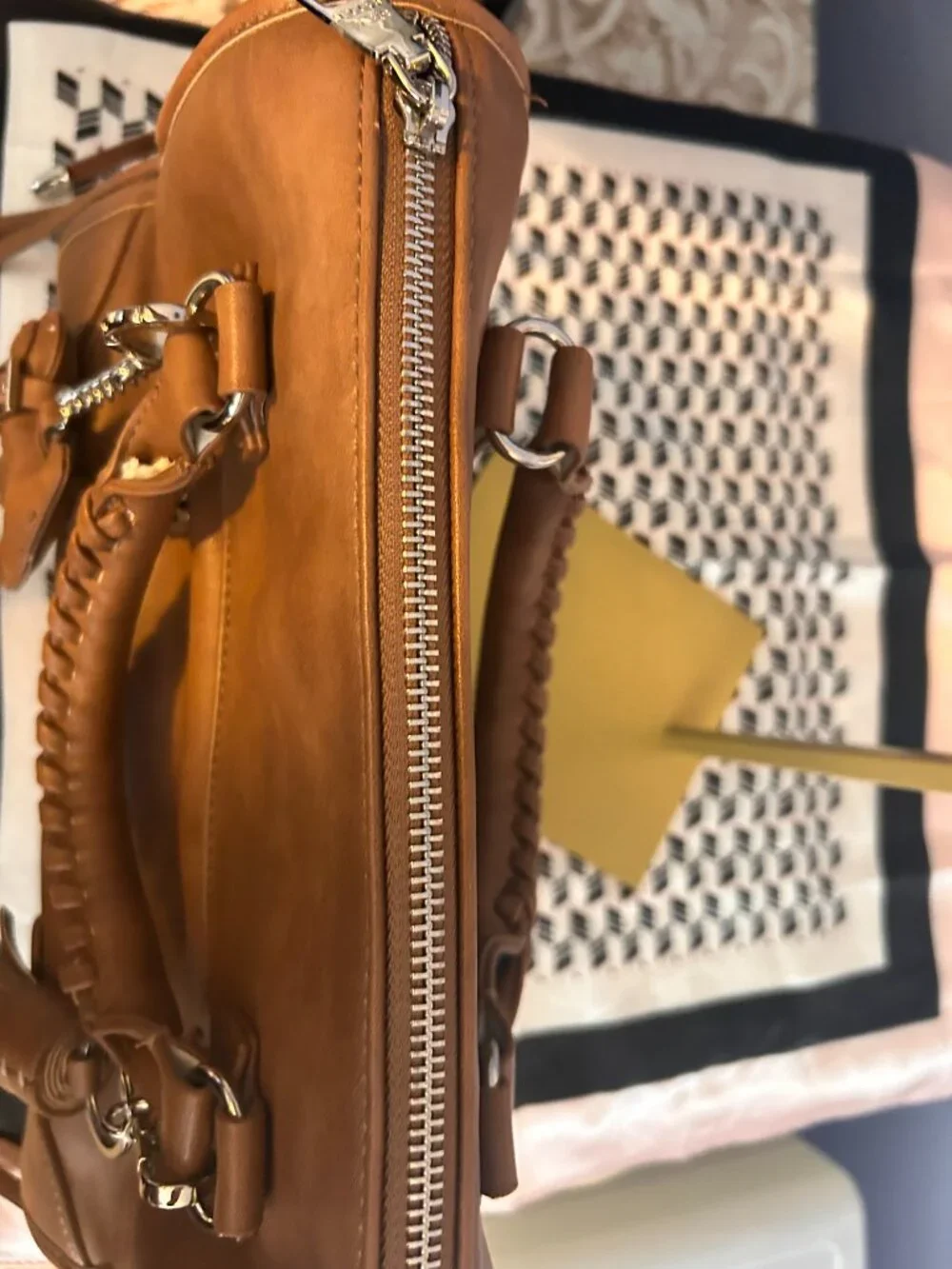 Steve Madden Tan/Brown PU Leather Satchel with Tassel and Puppy Key Chain